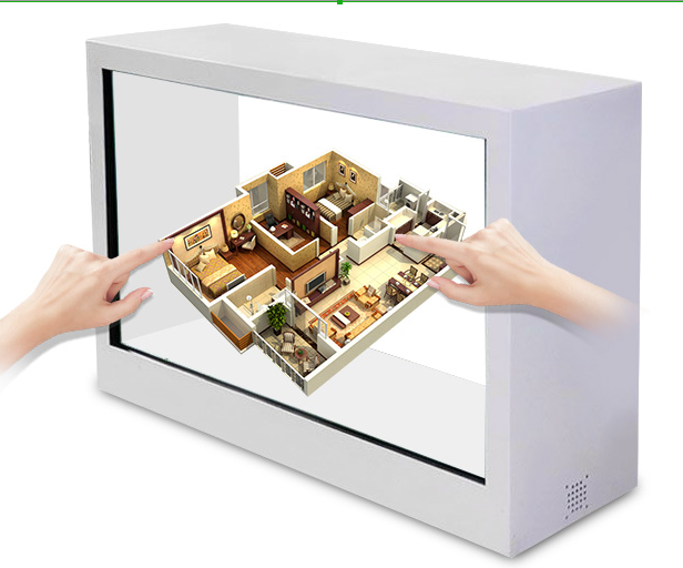 55-Inch 3D Transparent LCD 4K Interactive Touch Screen Advertising Display Cabinet with Metal & Glass Jewelry Box