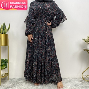 6564# Premium Chiffon Small Floral Dress Muslim Women Long Sleeve Printed <b>Maxi</b> Dresses With Full Lining 5 Colors - Product Image 1