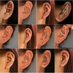 नई क्रिस्टल पंचर कान की बाली महिला बिजली पत्ती मोती मिश्र धातु विकर्ण स्टड कान की बाली