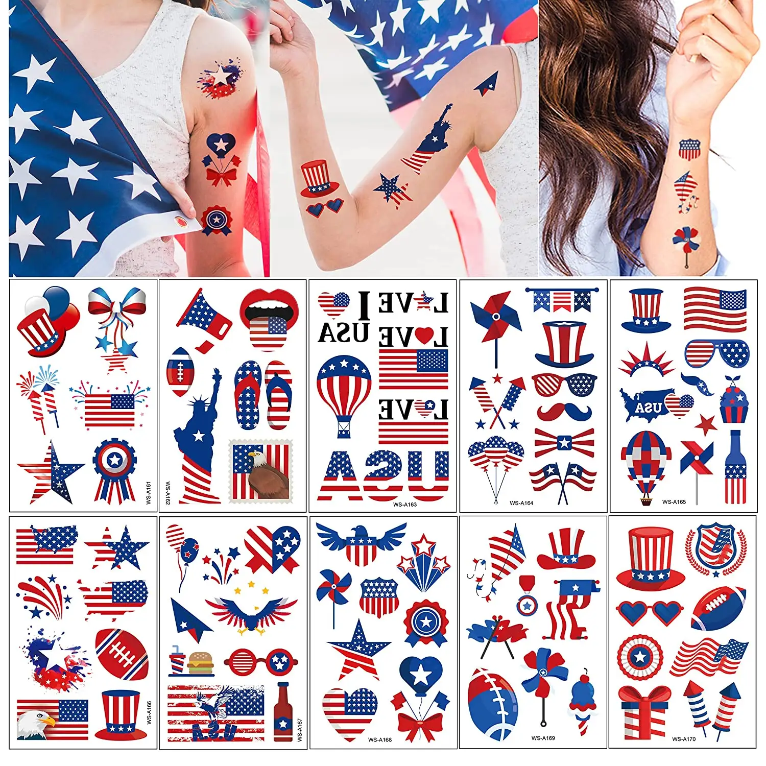 Fournitures de fête rouge blanc et bleu 4 juillet US Memorial Day Independence Day Labour Day Tattoo Sticker