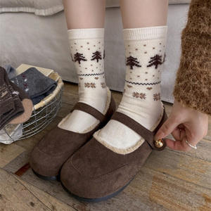 Chaussettes en laine pour femmes, <span class=keywords><strong>chaleur</strong></span> automne-hiver, chaussettes épaisses mi-mollet, chaussettes mignonnes avec nœud et dessin de <span class=keywords><strong>chien</strong></span> - Product Image 1