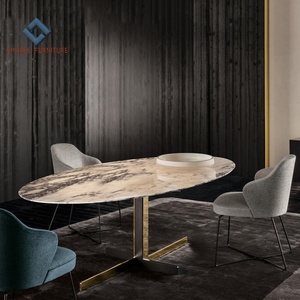 Luxury Big Size <strong>White</strong> Marble Oval <strong>Dining</strong> <strong>Table</strong> <strong>Set</strong> with Stainless Steel Legs - Product Image 2