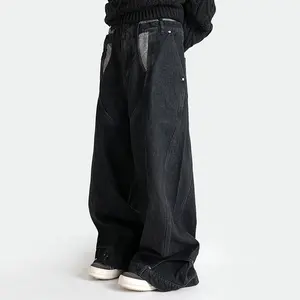 กางเกงยีนส์ทรงหลวมสไตล์ญี่ปุ่นสำหรับผู้ชายผ้ายีนส์ทรงหลวมงานเย็บปะติดผ้าด้วยตัวเอง Y2K