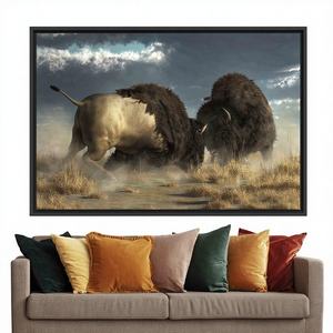 Elegante lienzo Art Deco con diseño de bisonos en batalla - Decoración de pared con búfalos americanos, impresión enmarcada transparente para colgar - Product Image 1