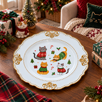 Assiette décorative élégante en plastique de 13 pouces, imprimée UV, chats de Noël avec bordure perlée dorée, pour la décoration de la maison et les tables de fête