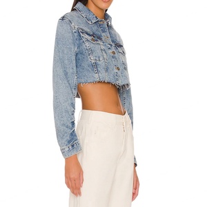 Chaqueta Vaquera Personalizada para Mujer con Bordes Deshilachados, Mangas Largas Fruncidas, Chaqueta Corta de Mezclilla Estilo Trucker - Product Image 2