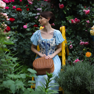 Elegante Vestido de Mujer <span class=keywords><strong>con</strong></span> Mangas Abullonadas, Estampado Floral Azul, Cuello Cuadrado, Cintura Natural, Tejido, Estilo Casual de Jardín - Product Image 2