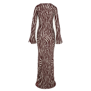 Abito lungo da donna con stampa zebrata, scollo rotondo, maniche lunghe a campana, aderente, lunghezza fino al pavimento, per feste formali - Product Image 2