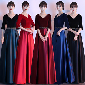 Women's Long Dress Burgundy V Neck Satin Evening Gown Stage Performance Costume For Hostess Choir Group - Product Image 5