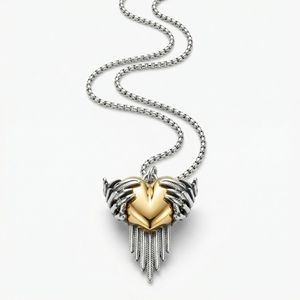Collar con colgante de alas de ángel en forma de corazón con manos plateadas y dije de corazón dorado para regalo de pareja, joyería de moda. - Product Image 1
