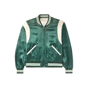 OEM custom new fashion zip fastening green satin bomber jacket mens white trim shoulder casual coat