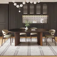 Table à manger ovale moderne en pierre frittée noire avec pieds en bois, ensemble de table à manger avec 6 chaises en cuir pour la maison, le dîner, l'appartement