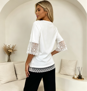 Trendy V Neck Lace <b>Patchwork</b> Flare Sleeve Mid Sleeve <b>Top</b> Custom Service For Women Elegant Daily Casual Commuter Outfit - Product Image 3