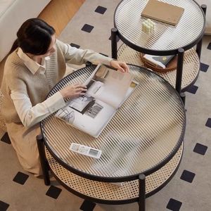 Mesa de Centro Nórdica de Lujo Minimalista Moderna Hecha a Mano 2026, Madera Maciza, Vidrio y Ratán, Fácil de Montar, Muebles para Sala de Estar - Product Image 3