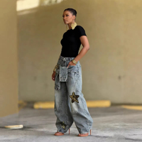 Vente en gros usine Nouveau style Jeans décontracté américain en coton à jambe large, en denim tissé déchiré, grande taille, pour femme, coupe droite