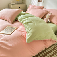 Parure de Lit Uni Tendance en Coton Lavé Quatre Pièces Housse de Couette Drap Plat et Taies d'Oreiller Douce et Agréable pour la Peau Maison Hôtel