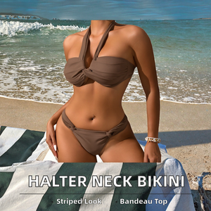 STOCK Solid Animal Print Halter Neck Bandeau <b>Top</b> High Waist 2 Piece Set Women's Swimwear with Mesh - Product Image 2