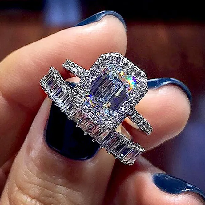CAOSHI Hot Selling Women's Gorgeous Emerald Cut Cubic Zirconia Promise Engagement Bridal Wedding Ring Set
