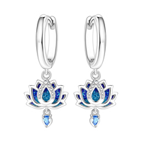 Boucles d'oreilles pendantes en émail bleu pailleté en forme de fleur de lotus avec pierres en zircon, bijoux tendance pour femmes, plaqué argent, alliage de cuivre, cadeau de mariage