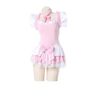 Lolita rose à volants pour femmes, Cosplay, Costumes Sexy japonais, tablier, quotidien, uniforme, ensemble jupe, chemise de nuit Kawaii