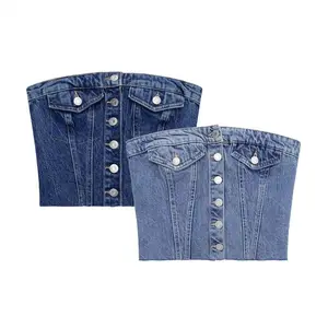 Enyami Y2K Sommer New Retro American Jean Tube Top Ärmellose Knöpfe Weste Chic Denim Korsett Tops Weiblich Trendy Großhandel