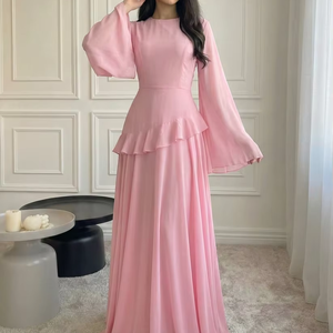 Vestido Maxi de Gasa Rosa Elegante Personalizado Leduo – Vestido de Noche Modesto con Mangas Campana y Cintura con Volantes - Product Image 1