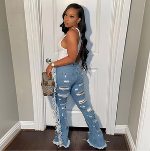 Fashionable Street Trend Women's Plus Size Pants Casual Hole Fringe Frayed Denim <strong>Jeans</strong> - Product Image 2