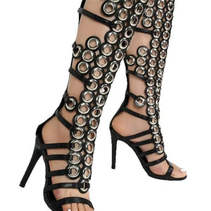 Jiubaju <span class=keywords><strong>Sandali</strong></span> Sexy da Donna con Tacco Alto, Stivali Estivi alla Moda, Scarpe Nere Sexy con Tacco a Spillo, <span class=keywords><strong>Sandali</strong></span> al Ginocchio Traforati - Product Image 2
