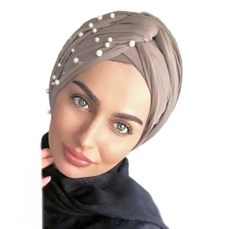 Design esclusivo del Tubo Delle Donne Arabo Islamico Testa Sciarpa Perlato Dell'involucro Cappello Indiano Pelle Scamosciata Turbante Hijab Con In Rilievo Musulmano Berretti Cofani