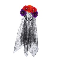 Serre-tête en maille avec roses du Jour des Morts mexicaines, voile noir d'Halloween et motifs floraux et crânes