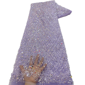 Tela de encaje bordada con cuentas de purpurina púrpura, tela de encaje con cuentas de lentejuelas para vestido de fiesta de boda - Product Image 1