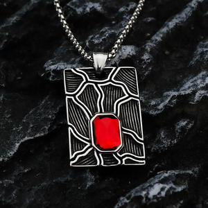 Stainless Steel Geometric Pendant With Red <b>Ruby</b> Inlay For Men <b>Necklace</b> Charm Asymmetry Design Gift Jewelry - Product Image 3