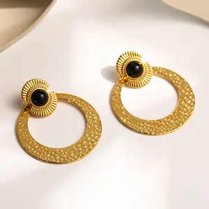 Zooying Fashion Women Jewelry Designer Vintage Natural Stone Luxury 18K Gold Plated Stainless Steel Big Hoop Earring