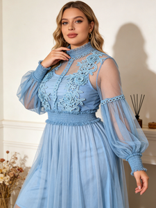 Plus Size French-Style Beige Lace Casual A-Line Tea-Length Dress with Lantern Sleeves and O-Neck Collar <b>Nylon</b> <b>Fabric</b> Summer - Product Image 2