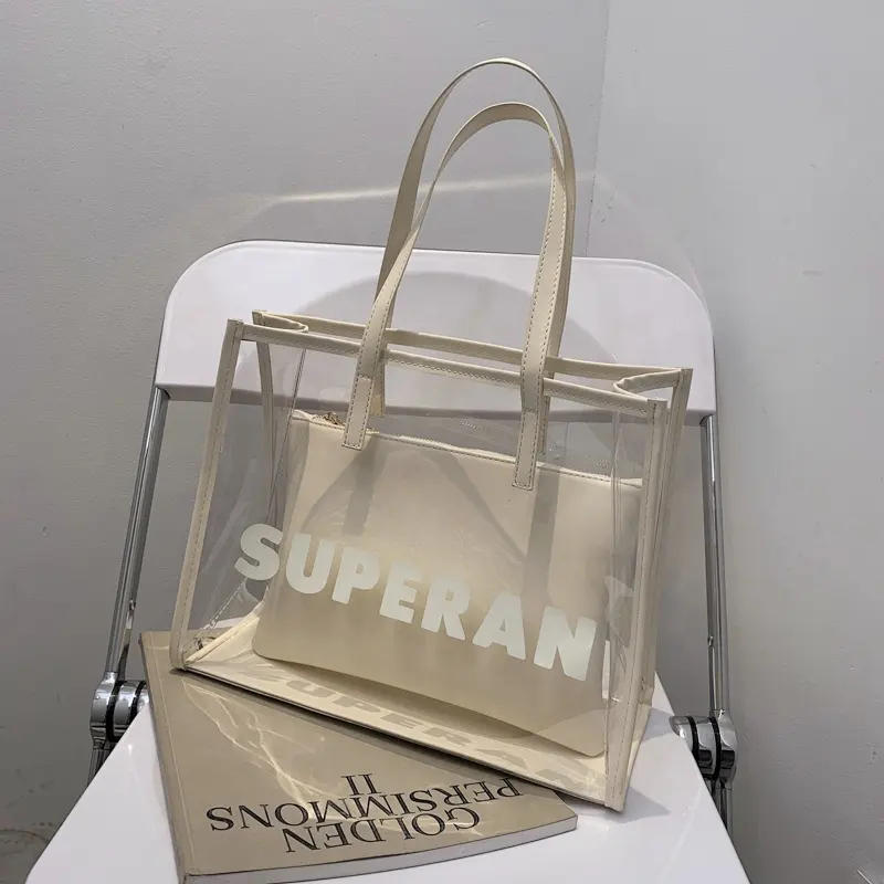 Logotipo personalizado Atacado Impermeável Limpar Shopping Bag Moda Transparente Pvc Tote Bag Com Alças