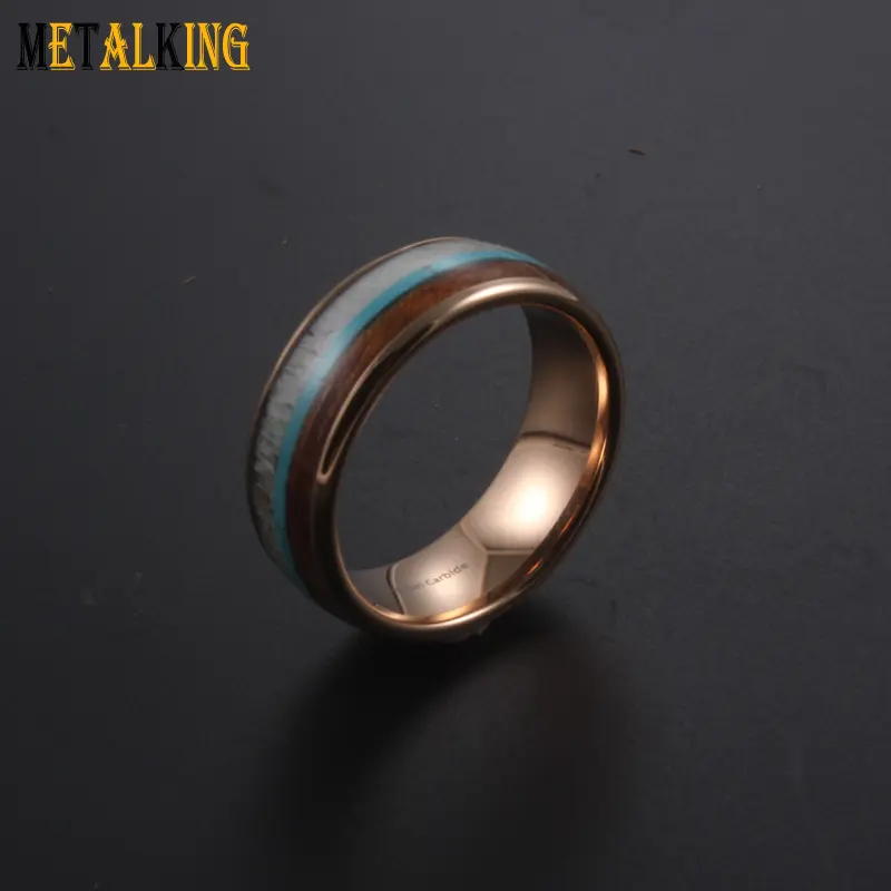 Мужское обручальное кольцо 8 мм, покрытое розовым золотом вольфрамовое кольцо олень рога, дерево КоА, бирюзовая инкрустация удобная посадка