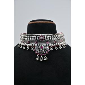 Ethnic <b>Silver</b> Plated Vintage <b>Choker</b> Necklace with Pink Amethyst Flower Design Women's Gift Jewelry Beaded Chain Style - Product Image 1