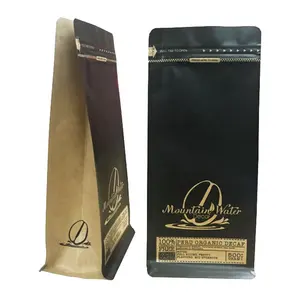 Bolsa de papel Kraft marrón reciclable, sellada con calor, 1Kg, fondo plano vacío, embalaje de granos de café con cremallera, con válvula