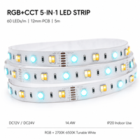 Bande LED WISMART 12V 24V SMD5050 RGB CCT 5 en 1, 60 LED/m, 12 mm, 5 m, 14,4 W, IP20, blanc réglable, éclairage multicolore pour décoration intérieure