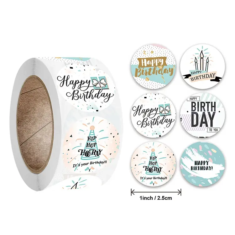 Toptan özel 6 tasarım 1 inç yuvarlak su geçirmez mutlu doğum günü hediyesi sızdırmazlık çıkartmalar etiketleri