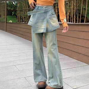 Pantalon droit taille haute rétro style industriel américain pour femme, effet deux pièces avec rideau décoratif - Product Image 1