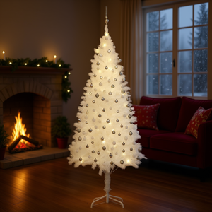 Árbol de Navidad Artificial Blanco de 94.5 Pulgadas Preiluminado con Juego de Bolas, Luces LED Cálidas, Base para Interior - Product Image 2