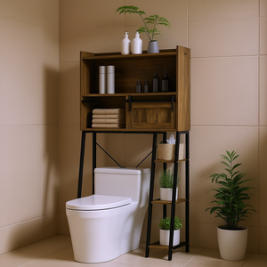 Mueble de Almacenamiento Sobre el Inodoro con 4 Estantes Abiertos, Organizador de Baño de Madera, Estilo Rústico Marrón - Product Image 2