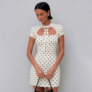 Simple Casual Woven Digital Polka Dot Contrast Trim Bow <b>Tie</b> Front Short Sleeve A-Line Silhouette Breathable Mini Dress for Women - Product Image 4