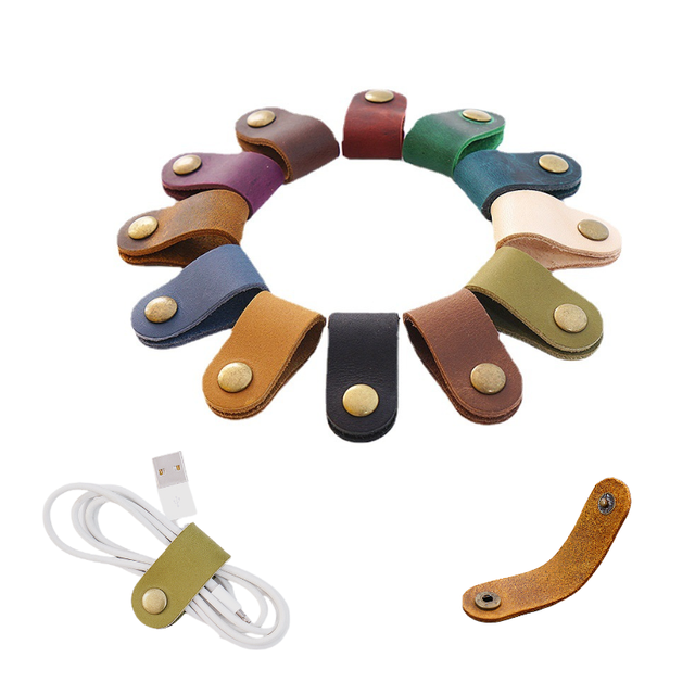 High Quality Genuine Leather USB Clip Earphone Cord Organizer Cable Winder Headphone Keeper Case Storage Premium Leather Crafts