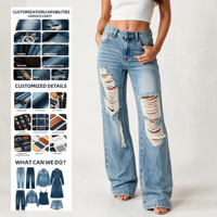 Jeans amples déchirés taille haute pour femme, style décontracté, effet peinture pulvérisée et brossé à la main, vente en gros OEM ODM