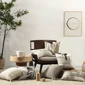 AIBUZHIJIA-funda de almohada de lino y algodón Beige, con estampado geométrico a cuadros, 18X18, para sala de estar