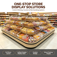 Comptoir de présentation multi-niveaux en bois grainé pour supermarché, idéal pour fruits secs, noix et bonbons en vrac
