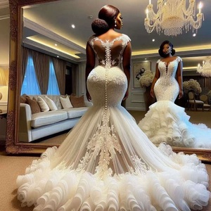 Vestido de Novia Romántico 2026 con Cuentas y Encaje, Manga Larga, Estilo Sirena con Volantes, Vestido Formal Aso Ebi, Vestido de Novia Personalizado - Product Image 4