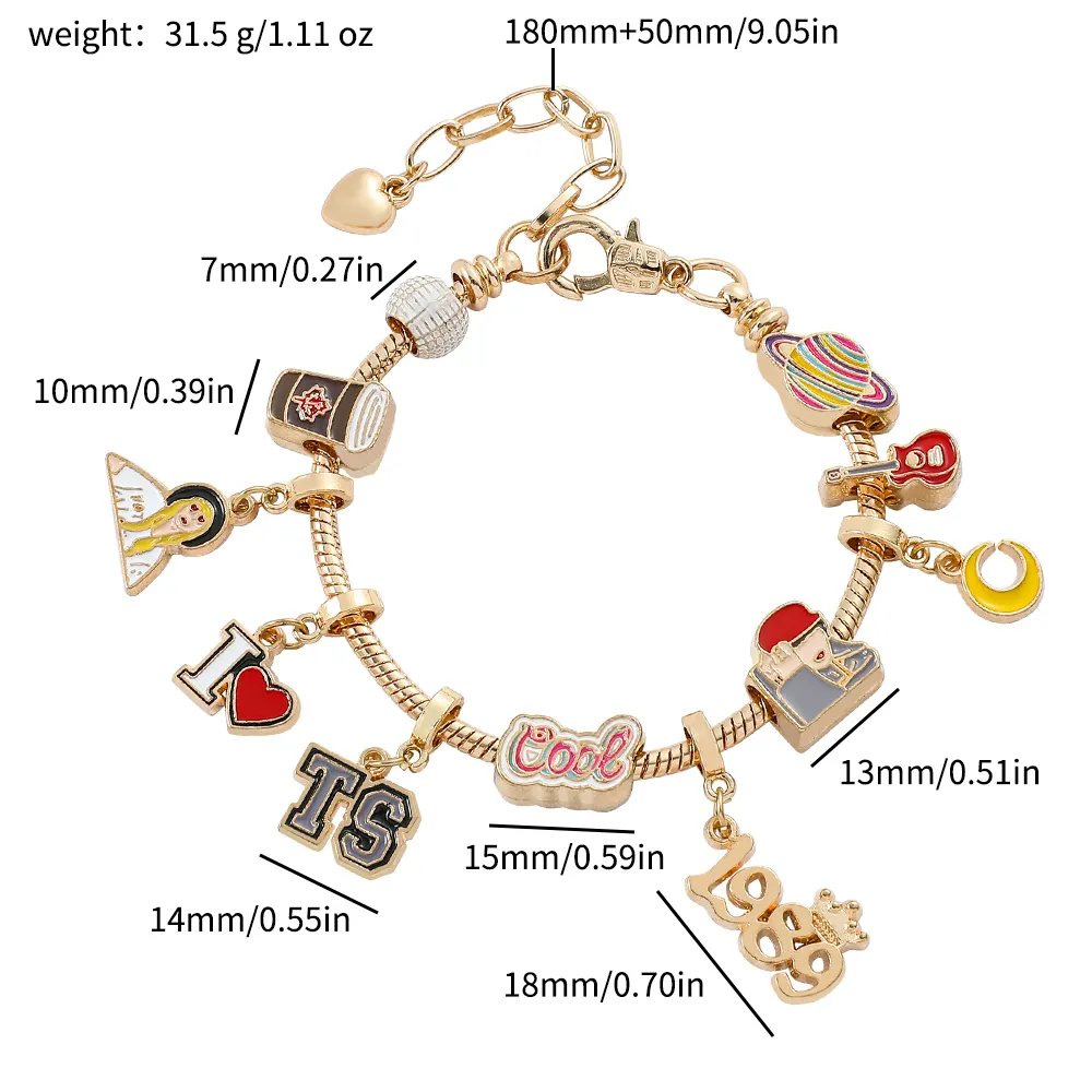 New 1988 American Singer Beaded DIY Gold Plated Charm Bracelet Trendy Geometric Pattern for Gift or Party Wholesale Jewelry